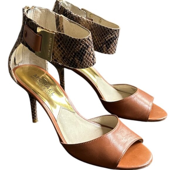 MICHAEL KORS Guiliana Faux Snake Skin Tan Leather Open Toe Sandal Heels US 6 - Picture 2 of 8